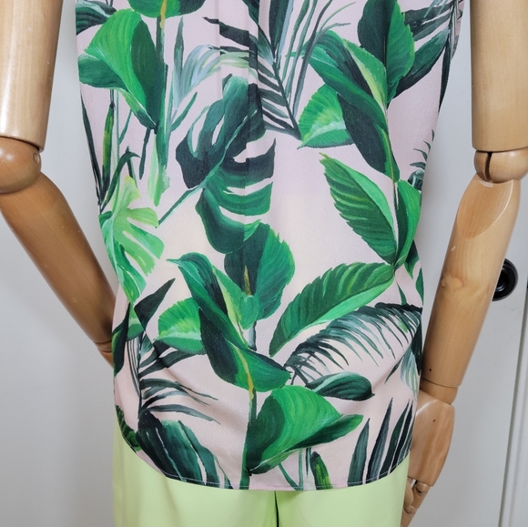 Alice + Olivia Tropical Leaf Print Resortwear Beach Summer Silk Blouse Size XL/L - Picture 10 of 13